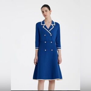 Goelia Fitted Double-Breasted V-Neck Mini Dress Size L Blue White Preppy Retro